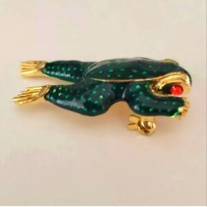 Enamel Frog Brooch with Red Rhinestone Crystal Eyes